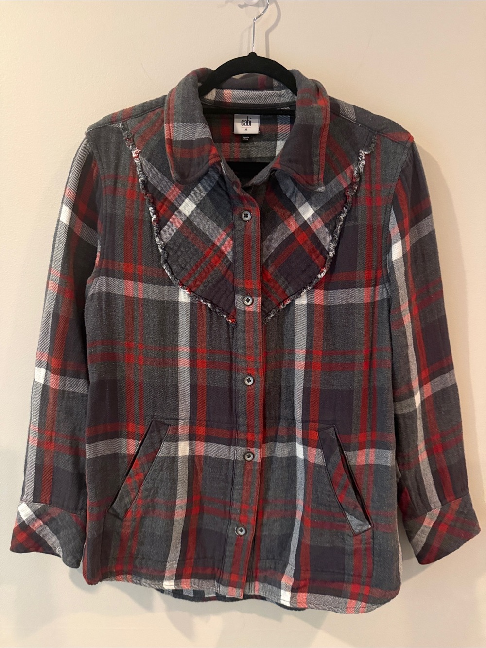 CAbi Plaid Button-Up Jean Jacket in Red, Gray & White